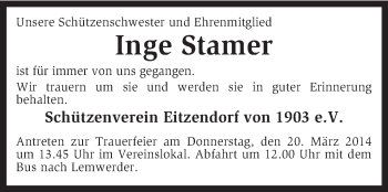 Traueranzeige von Inge Stamer von KRZ