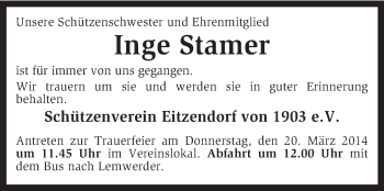 Traueranzeige von Inge Stamer von KRZ