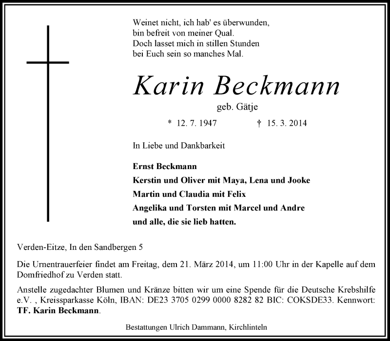  Traueranzeige für Karin Beckmann vom 19.03.2014 aus KRZ