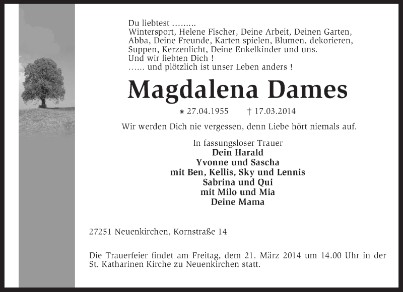  Traueranzeige für Magdalena Dames vom 19.03.2014 aus KRZ