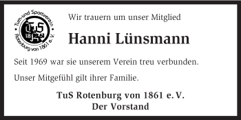 Traueranzeige von Hanni Lünsmann von KRZ