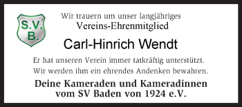 Traueranzeige von Carl-Hinrich Wendt von KRZ