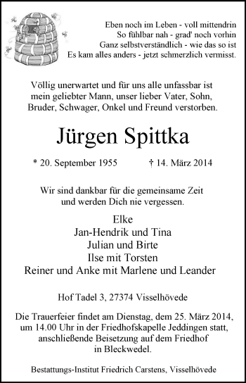 Traueranzeige von Jürgen Spittka von KRZ