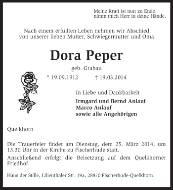 Traueranzeige von Dora Peper von KRZ