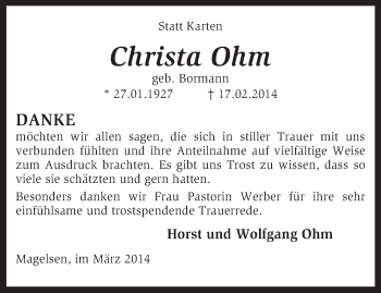 Traueranzeige von Christa Ohm von KRZ