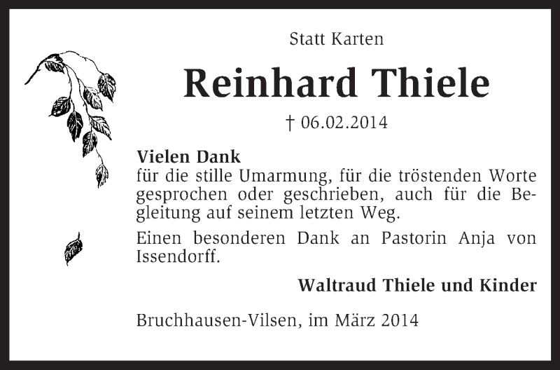  Traueranzeige für Reinhard Thiele vom 22.03.2014 aus KRZ
