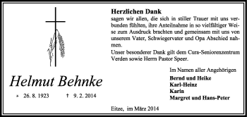 Traueranzeige von Helmut Behnke von KRZ