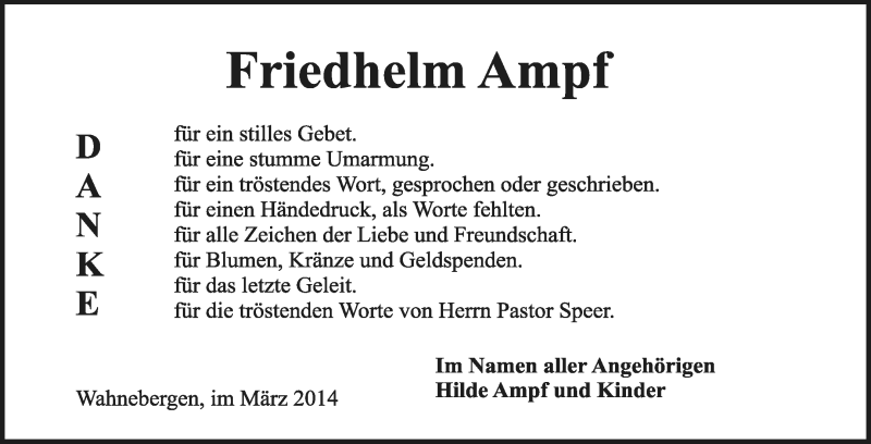  Traueranzeige für Friedhelm Ampf vom 22.03.2014 aus KRZ