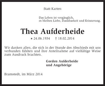 Traueranzeige von Thea Aufderheide von KRZ