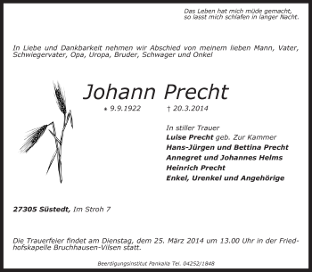 Traueranzeige von Johann Precht von KRZ