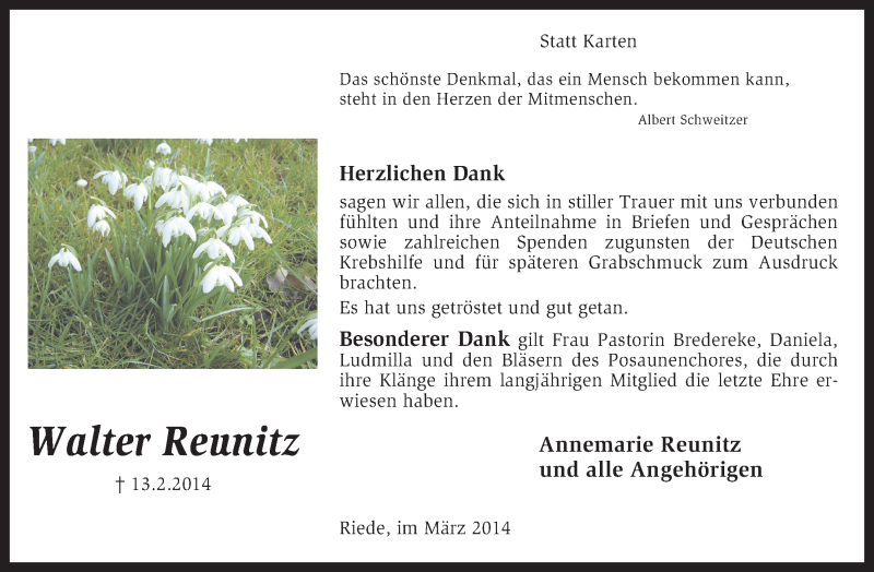  Traueranzeige für Walter Reunitz vom 22.03.2014 aus KRZ