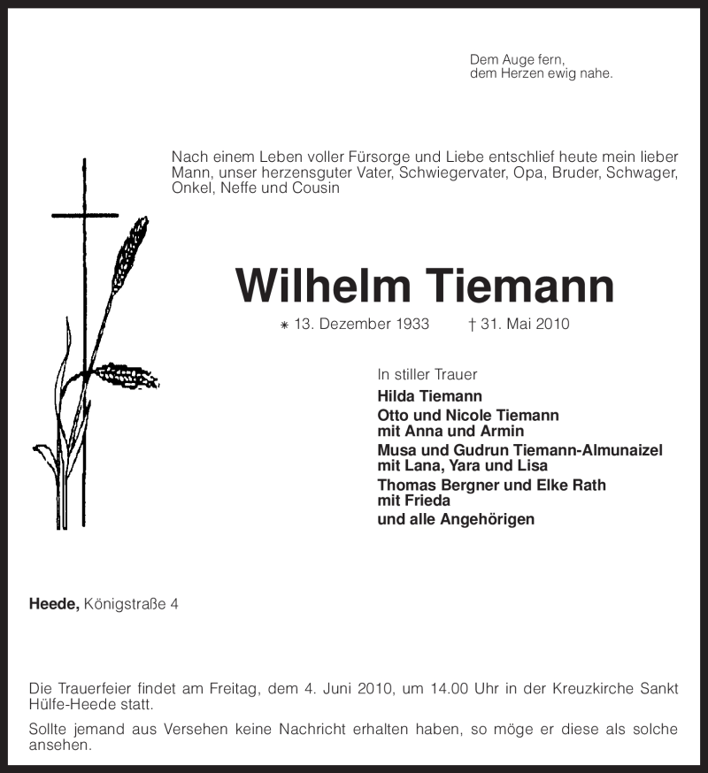  Traueranzeige für Wilhelm Tiemann vom 01.06.2010 aus KREISZEITUNG SYKE