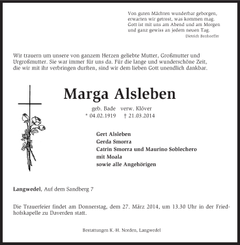 Traueranzeige von Marga Alsleben von KRZ