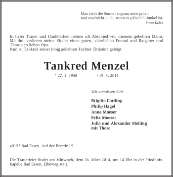 Traueranzeige von Tankred Menzel von KRZ