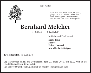 Traueranzeige von Bernhard Melcher von KRZ