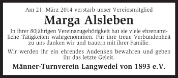 Traueranzeige von Marga Alsleben von KRZ
