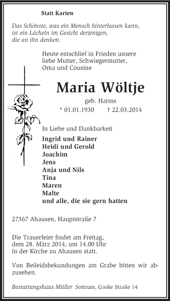 Traueranzeige von Maria Wöltje von KRZ