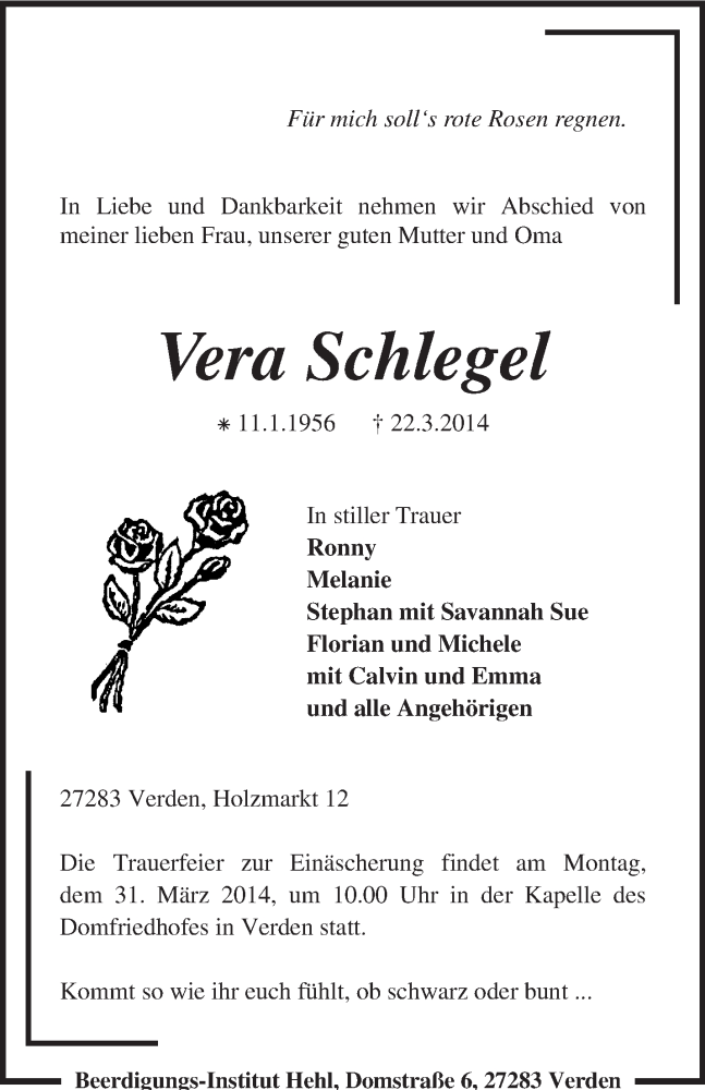  Traueranzeige für Vera Schlegel vom 25.03.2014 aus KRZ