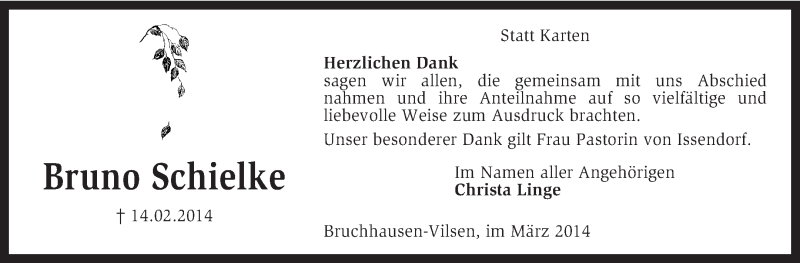  Traueranzeige für Bruno Schielke vom 29.03.2014 aus KRZ