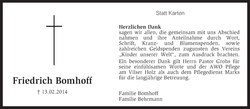  Traueranzeige für Friedrich Bomhoff vom 29.03.2014 aus KRZ
