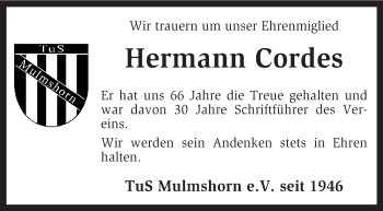 Traueranzeige von Hermann Cordes von KRZ