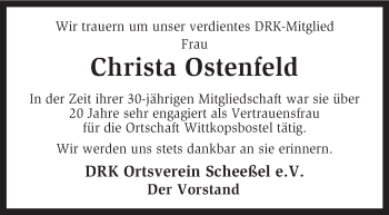 Traueranzeige von Christa Ostenfeld von KRZ