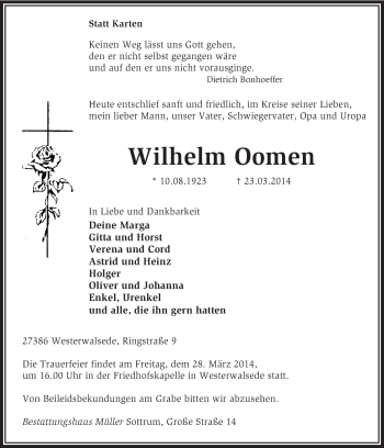 Traueranzeige von Wilhelm Oomen von KRZ