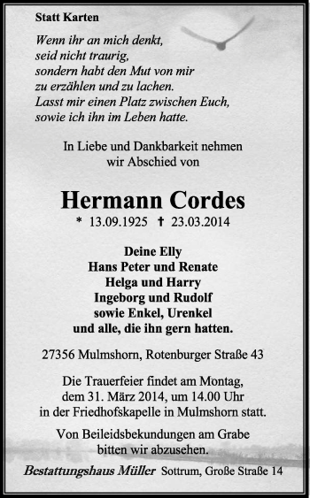 Traueranzeige von Hermann Cordes von KRZ