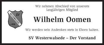 Traueranzeige von Wilhelm Oomen von KRZ