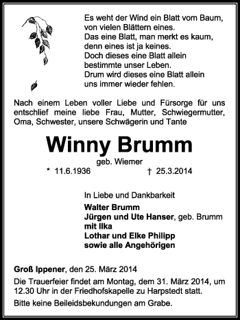 Traueranzeige von Winny Brumm von KRZ