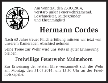 Traueranzeige von Hermann Cordes von KRZ