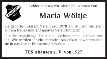 Traueranzeige von Maria Wöltje von KRZ