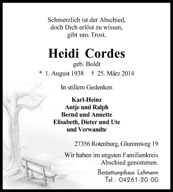 Traueranzeige von Heidi Cordes von KRZ