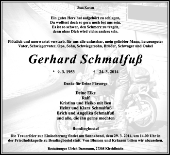 Traueranzeige von Gerhard Schmalfuß von KRZ