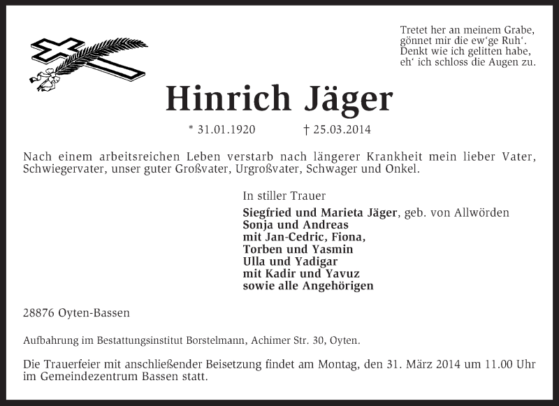  Traueranzeige für Hinrich Jäger vom 27.03.2014 aus KRZ