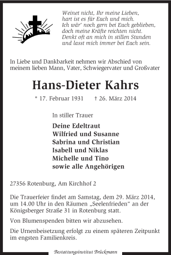 Traueranzeige von Hans-Dieter Kahrs von KRZ