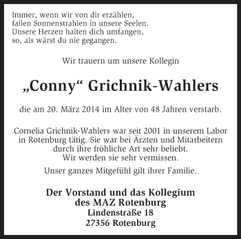 Traueranzeige von Cornelia Grichnik-Wahlers von KRZ