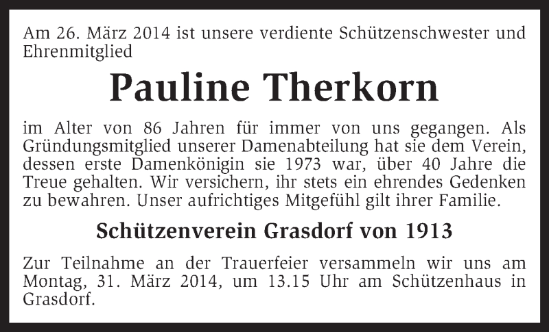  Traueranzeige für Pauline Therkorn vom 28.03.2014 aus KRZ