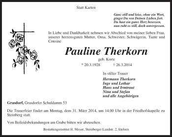 Traueranzeige von Pauline Therkorn von KRZ