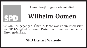 Traueranzeige von Wilhelm Oomen von KRZ