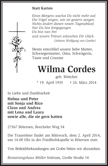 Traueranzeige von Wilma Cordes von KRZ