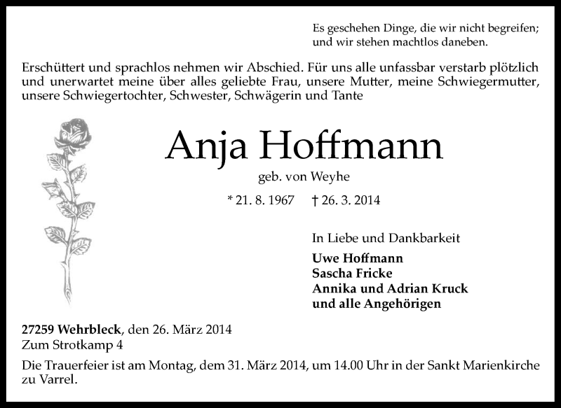  Traueranzeige für Anja Hoffmann vom 28.03.2014 aus KRZ