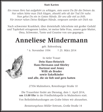 Traueranzeige von Anneliese Mindermann von KRZ