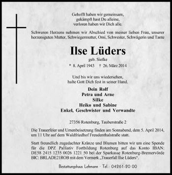 Traueranzeige von Ilse Lüders von KRZ