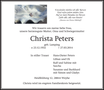 Traueranzeige von Christa Peters von KRZ