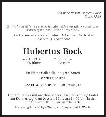 Traueranzeige von Hubertus Bock von KRZ