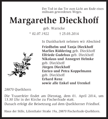 Traueranzeige von Margarethe Dieckhoff von KRZ