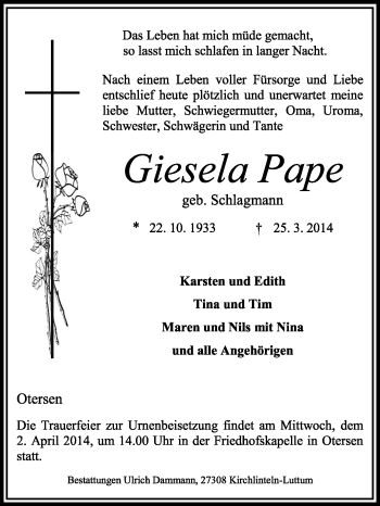 Traueranzeige von Giesela Pape von KRZ