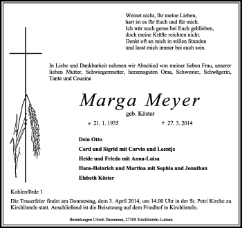 Traueranzeige von Marga Meyer von KRZ