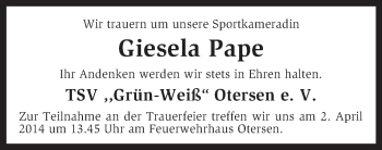 Traueranzeige von Giesela Pape von KRZ